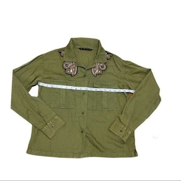 Zara army green beaded button down long sleeve Shirt Size S - Picture 8 of 8